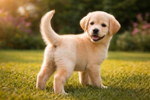 Hund som står på en gräsmatta med svansen upprest och viftande. Hundens svans används för balans och kommunikation.