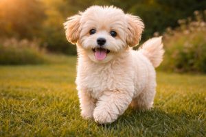 Maltipoo som springer i skogen.