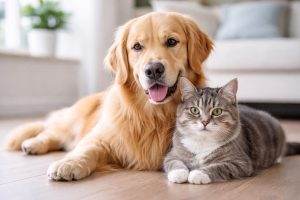 De bästa hundraserna med katter. En hund och en katt som myser tillsammans inomhus.