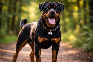 En rottweiler, som anses vara en av den starkaste hundrasen, som springer i skogen.