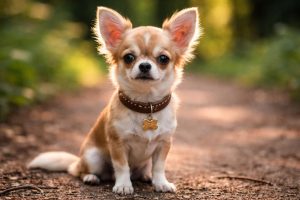 En liten korthårig chihuahua som sitter i skogen.