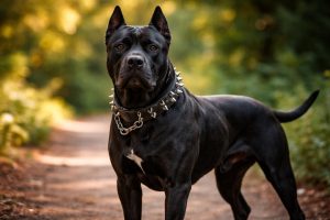 Canis Panther hund som står i naturen med muskulös kropp och svart päls.