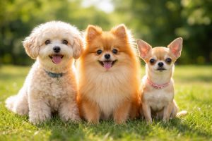 Tre små hundraser – Maltipoo, Pomeranian och Chihuahua som sitter på gräset