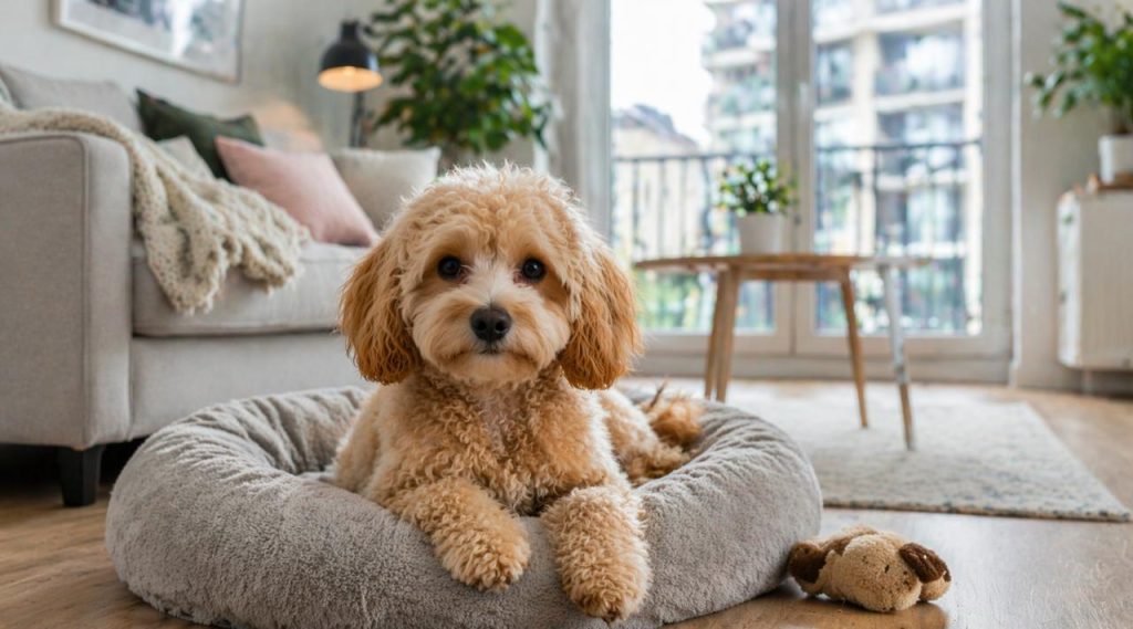 Liten hund i lägenhet som ligger i sin bädd. Hundraser som passar i lägenhet.